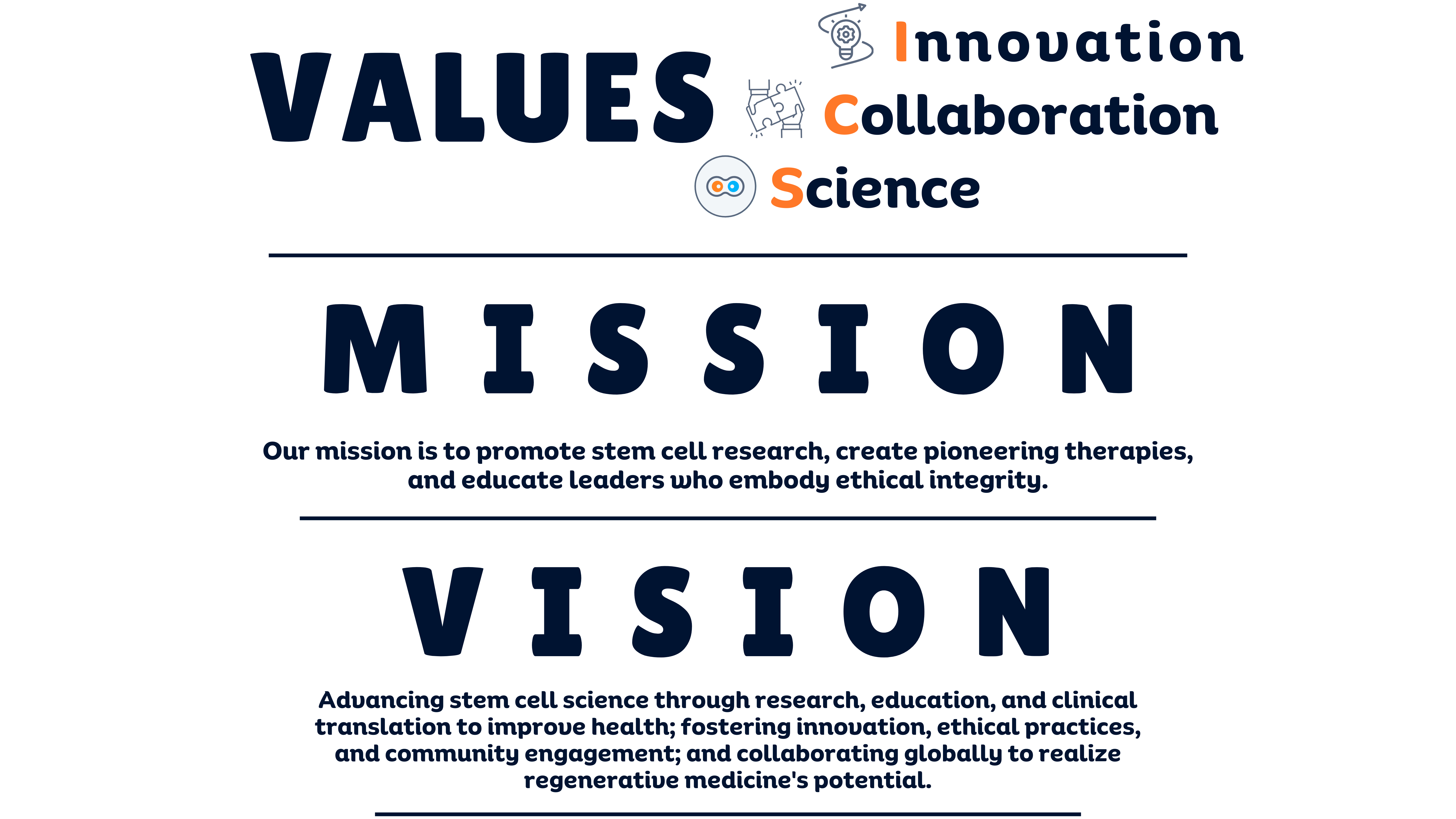 Mission: Our mission is to promote stem cell research, create pioneering therapies, and educate leaders who embody ethical integrity.

Vision:
Advancing stem cell science through research, education, and clinical translation to improve health; fostering innovation, ethical practices, and community engagement; and collaborating globally to realize regenerative medicine's potential.

Values:
Science - Collaboration - Innovation
