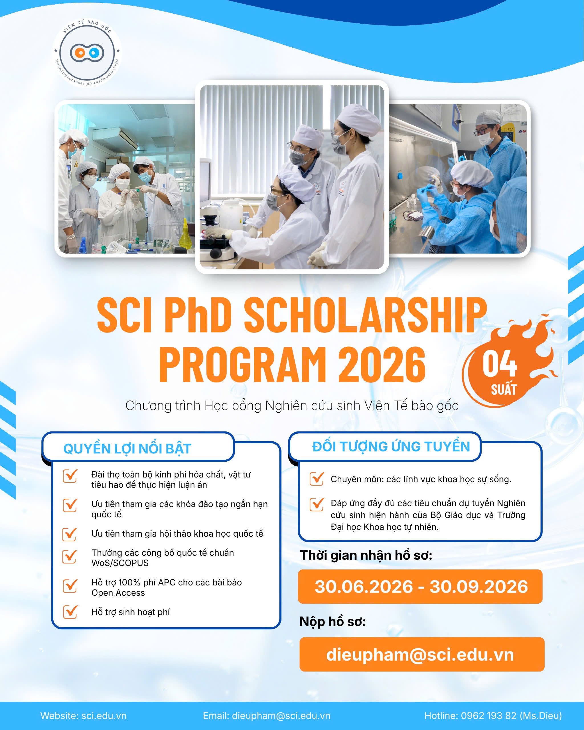 Chương trình Học bổng Nghiên cứu sinh Viện Tế bào gốc năm 2026 (SCI PhD Scholarship Program 2026)